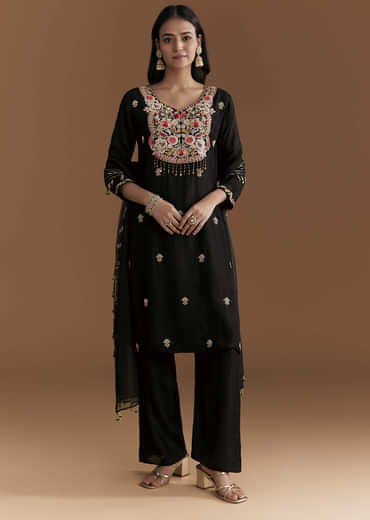 Black Silk Kurta Set With Zardosi And Resham Embroidery