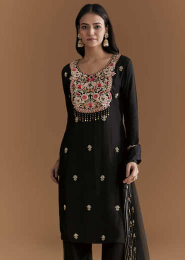 Black Silk Kurta Set With Zardosi And Resham Embroidery