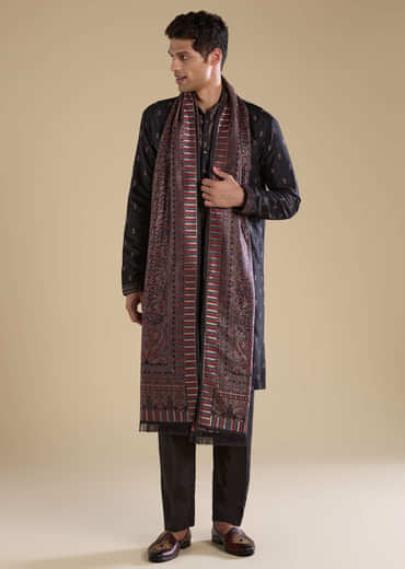Black Silk Mens Kurta Set with Dupatta