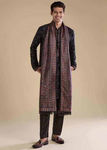 Black Silk Mens Kurta Set with Dupatta