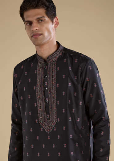 Black Silk Mens Kurta Set with Dupatta