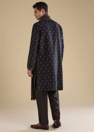 Black Silk Mens Kurta Set with Dupatta