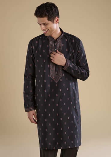 Black Silk Mens Kurta Set with Dupatta