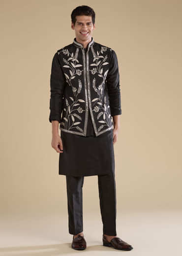 Black Silk Mirror Work Mens Jacket Kurta and Pant Set