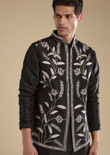 Black Silk Mirror Work Mens Jacket Kurta and Pant Set