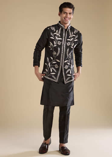 Black Silk Mirror Work Mens Jacket Kurta and Pant Set