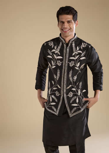 Black Silk Mirror Work Mens Jacket Kurta and Pant Set