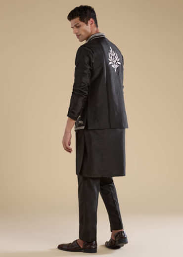 Black Silk Mirror Work Mens Jacket Kurta and Pant Set