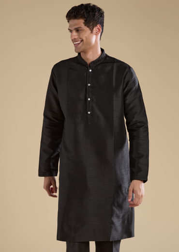 Black Silk Mirror Work Mens Jacket Kurta and Pant Set