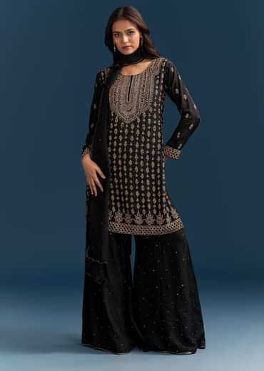 Black Silk Palazzo Suit With Embroidered Cut Dana Work And Dupatta