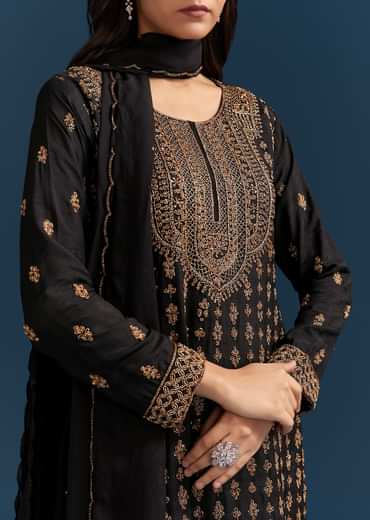 Black Silk Palazzo Suit With Embroidered Cut Dana Work And Dupatta