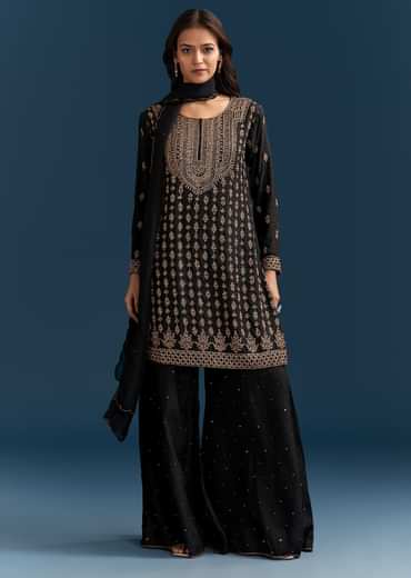 Black Silk Palazzo Suit With Embroidered Cut Dana Work And Dupatta