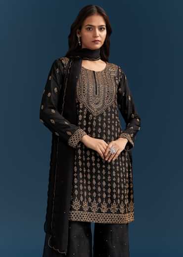 Black Silk Palazzo Suit With Embroidered Cut Dana Work And Dupatta