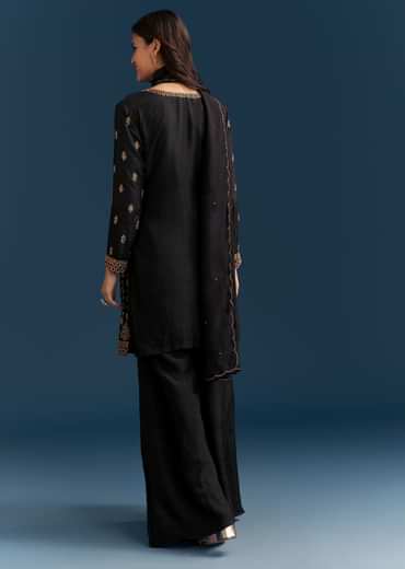 Black Silk Palazzo Suit With Embroidered Cut Dana Work And Dupatta