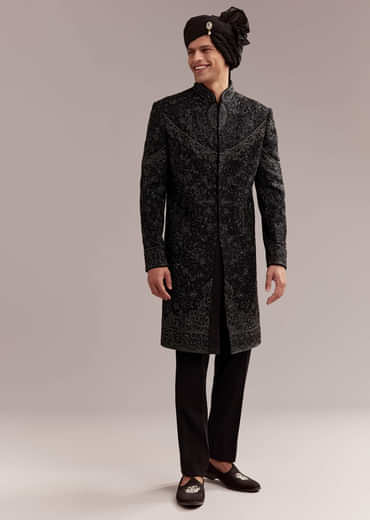 Black Silk Sherwani For Groom With Intricate Embroidery