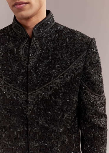 Black Silk Sherwani For Groom With Intricate Embroidery