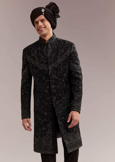 Black Silk Sherwani For Groom With Intricate Embroidery