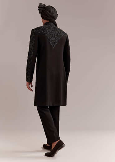 Black Silk Sherwani For Groom With Intricate Embroidery