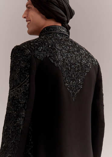 Black Silk Sherwani For Groom With Intricate Embroidery