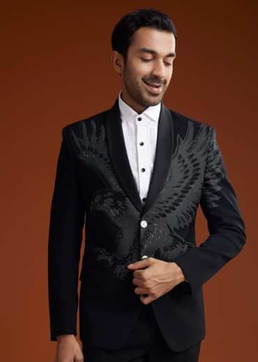 Black Suiting Coat Set With Cutdana Embroidery