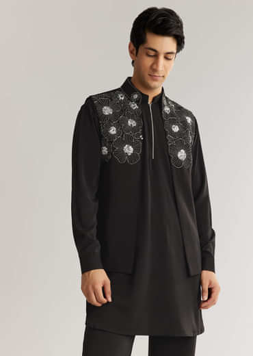 Black Suiting Cutdana Sequins Floral Kurta Jacket Set