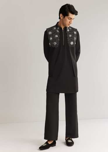 Black Suiting Cutdana Sequins Floral Kurta Jacket Set