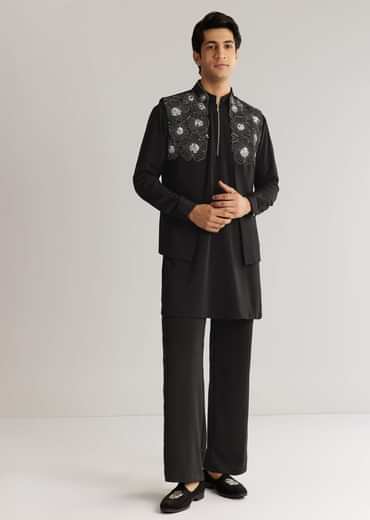 Black Suiting Cutdana Sequins Floral Kurta Jacket Set