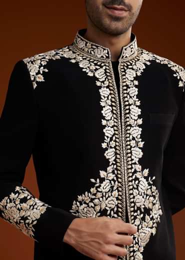Black Suiting Indo Jacket Set With Floral Resham Embroidery