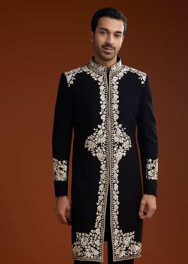 Black Suiting Indo Jacket Set With Floral Resham Embroidery