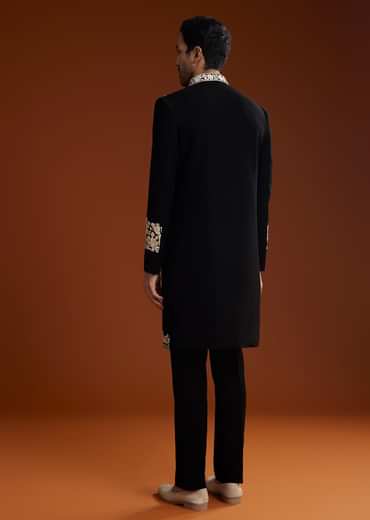 Black Suiting Indo Jacket Set With Floral Resham Embroidery