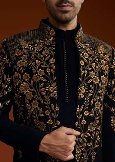 Black Suiting Indo Jacket Set With Zardosi Floral Embroidery