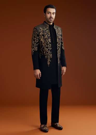 Black Suiting Indo Jacket Set With Zardosi Floral Embroidery