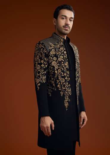 Black Suiting Indo Jacket Set With Zardosi Floral Embroidery