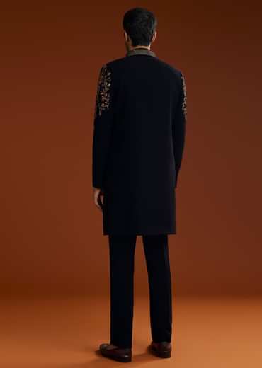 Black Suiting Indo Jacket Set With Zardosi Floral Embroidery