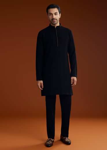 Black Suiting Indo Jacket Set With Zardosi Floral Embroidery