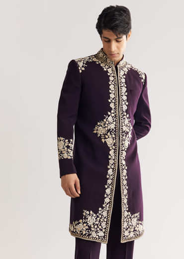 Black Suiting Indo Western With Floral Thread Embroidery