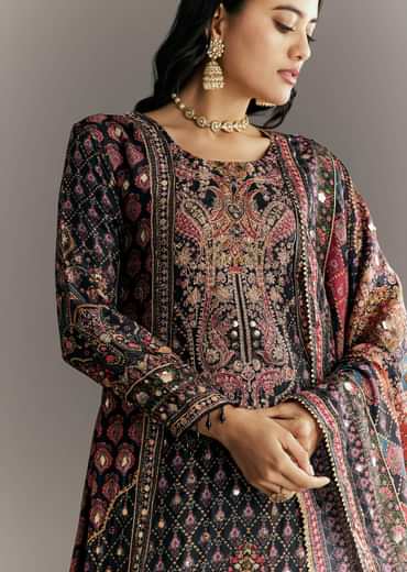 Black Tabby Silk Zari Embroidered Kurta Palazzo With Printed Dupatta