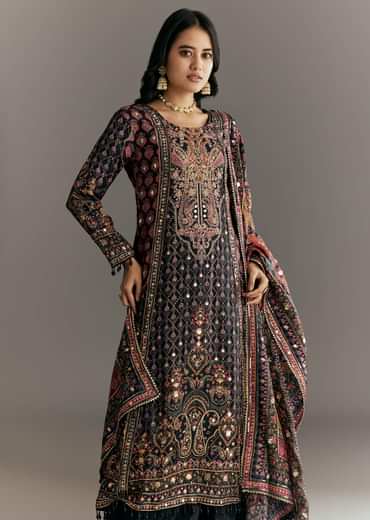 Black Tabby Silk Zari Embroidered Kurta Palazzo With Printed Dupatta