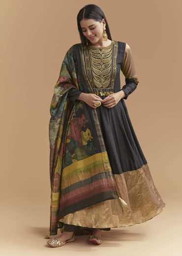 Black Tussar Anarkali Suit With Zardosi And Sequins Hand Embroidery