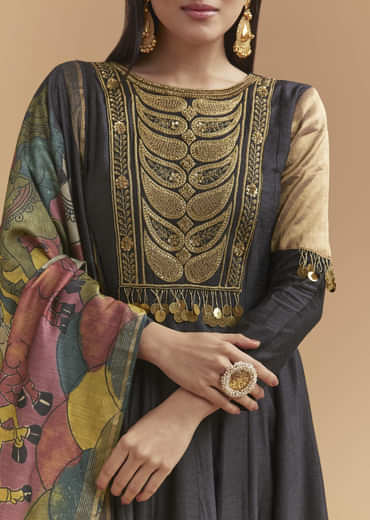 Black Tussar Anarkali Suit With Zardosi And Sequins Hand Embroidery