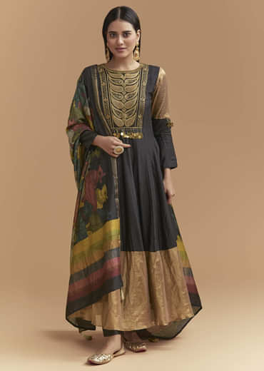 Black Tussar Anarkali Suit With Zardosi And Sequins Hand Embroidery