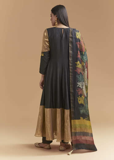 Black Tussar Anarkali Suit With Zardosi And Sequins Hand Embroidery
