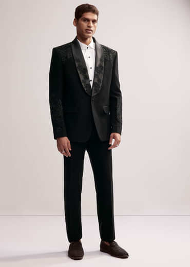 Black Tuxedo For Men With Cut Work Shawl Collar