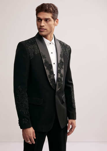 Black Tuxedo For Men With Cut Work Shawl Collar