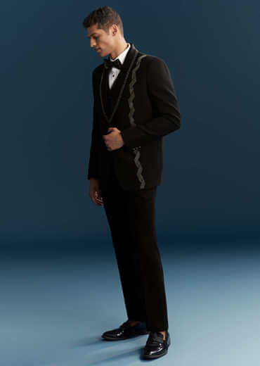 Black Tuxedo For Men With Cutdana Embroidery