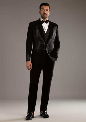 Black Tuxedo For Men With Leather And Dori Work