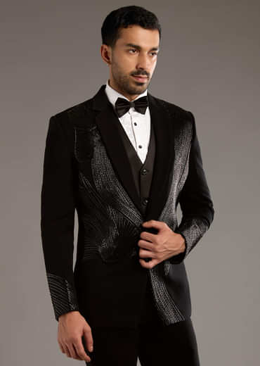 Black Tuxedo For Men With Leather And Dori Work