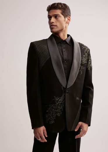 Black Tuxedo For Men With Resham Work