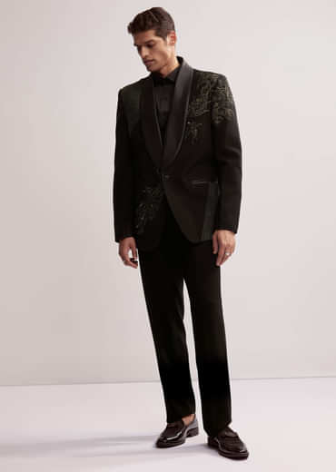 Black Tuxedo For Men With Resham Work