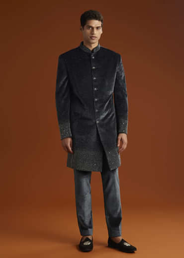 Black Velvet Indo Western Set For Men With Stone Work